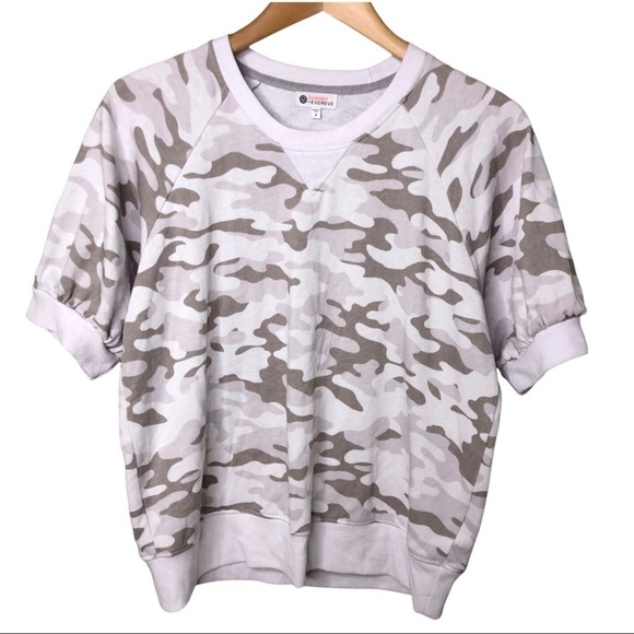 Sundry Evereve Camo Short Sleeve Sweatshirt Size 2 Raglan Sleeve Tan White - Picture 2 of 10